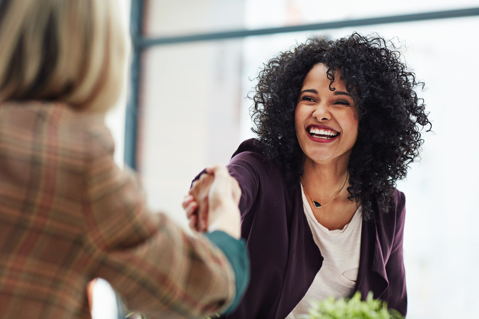 smiling-professional-woman-shakes-hands-with-person-sitting-opposite
